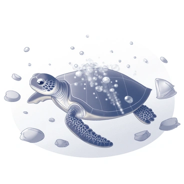A marine turtle is swimming in water filled with debris and plastic waste. The turtle's flippers are caught in various pieces of tangled plastic, restricting its movement. The surroundings include floating bits of trash, such as plastic bags and containers, creating an unclean environment. Bubbles rise from the turtle as it struggles, emphasizing the contrast between the marine life and the pollution it faces. The water is murky, showcasing the impact of pollution on the ocean ecosystem.