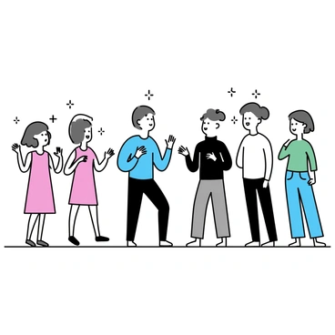 A group of five performers is on stage in a theater, engaging in a performance using sign language. The first performer, wearing a blue shirt and black pants, is at the center, making expressive hand gestures. To their left, a performer in a red dress mirrors the movements, while the third performer, dressed in a black turtleneck and grey trousers, watches intently and responds with their own signs. On the right, a performer in a white shirt and denim jeans adds to the dialogue with fluid motions, and the fifth performer, in a green top, stands slightly behind, observing the scene unfold. The backdrop is minimalistic, emphasizing the performers and their expressive communication.