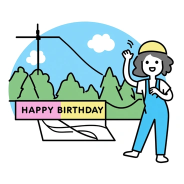 A woman with wavy brown hair is preparing for an exciting adventure. She is wearing a bright blue jumpsuit and a helmet. In one hand, she holds a harness, while the other hand is raised in excitement. Behind her, a tall zip-line structure is visible, with trees in the background. A clear blue sky and a few fluffy clouds enhance the adventurous atmosphere. A colorful birthday banner is draped across the entrance of the zip-line area, with “Happy Birthday” written in bold letters.