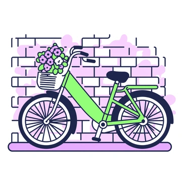 A vintage bicycle is leaning against a textured brick wall. The bicycle has a classic design, featuring a curved frame and wide handlebars. In the basket at the front of the bicycle, there are vibrant flowers, including various shapes and sizes. The flowers are arranged beautifully, with some spilling over the edges of the basket. The setting has a rustic charm, with the bricks showing signs of age and wear. The sunlight casts gentle shadows on the wall, enhancing the depth of the scene.