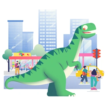 A large green dinosaur with scaly skin and a long tail is wandering through a bustling modern city street. The dinosaur has bright, curious eyes as it looks up at the tall glass skyscrapers that tower above. Surrounding it, pedestrians are walking on the sidewalk, some stopping to take pictures with their phones. To the right, a red traffic light is illuminating the scene, and a yellow taxi is driving by. In the background, vibrant storefronts with colorful signs can be seen, adding to the lively atmosphere of the urban setting.