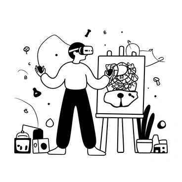 An artist wearing a virtual reality headset stands in an empty studio. The artist holds virtual reality controllers in each hand, with dynamic lines and shapes forming around them in the air. A large canvas is displayed beside the artist, showcasing an intricate digital artwork in progress. Various virtual elements float in the space, hinting at colors and textures that can be seen in the digital masterpiece. The studio is filled with scattered tools and devices, emphasizing the fusion of technology and creativity.
