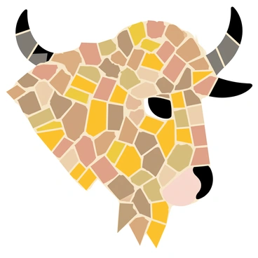 A bison head made from a variety of small, colorful tiles arranged in a mosaic pattern. The bison's fur is represented by shades of brown, gold, and cream tiles, creating a textured appearance. The eyes are depicted with dark, glossy tiles that add depth and life to the face. The horns are shaped with angular black and gray tiles, contrasting sharply with the softer colors of the fur. The background features a light, neutral shade, enhancing the vivid colors of the mosaic bison head.