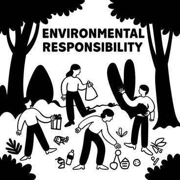 A dense forest filled with tall trees and thick foliage. Several people are shown actively picking up litter from the ground. One person is holding a trash bag, while another is using gloves to collect waste. Nearby, a few discarded bottles and wrappers are clearly visible on the forest floor. Sunlight filters through the branches, casting shadows on the ground. "Environmental Responsibility" is written in bold letters at the top of the image, surrounded by leaves.