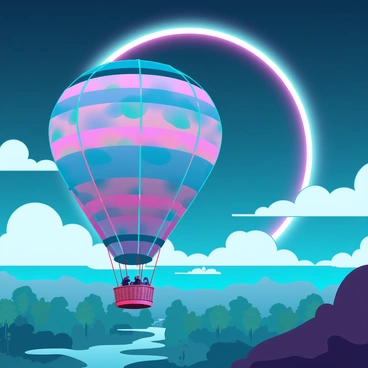 A large hot air balloon with a vibrant multicolored fabric pattern is floating gently in the sky. The balloon's basket is made of wicker, containing a few passengers enjoying the view. Below, the landscape is dotted with green trees and a winding river. Above the balloon, a solar eclipse is occurring, with a dark silhouette of the moon partially covering the sun, casting a soft shadow over the surroundings. The edges of the sun are glowing brightly, illuminating the clouds around the eclipse, creating a dramatic contrast against the deep blue sky.