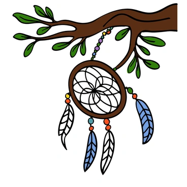 A dreamcatcher with intricate patterns hanging from a tree branch. The dreamcatcher features a circular frame made of brown twigs, adorned with colorful beads and feathers. Sunlight filters through the delicate feathers, casting soft shadows on the bark of the tree. The tree has green leaves that sway gently in the breeze, enhancing the serene atmosphere of the scene.