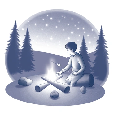 A person sitting on a log beside a campfire. The camper is focused on a skewer with a marshmallow, carefully roasting it over the flames. The campfire emits a glow, illuminating the surrounding area with light and creating shadows. The sky above is filled with numerous stars, twinkling in the night. Surrounding the campfire are tall trees, their silhouettes creating a natural backdrop. The overall scene conveys a sense of peacefulness and connection with nature.
