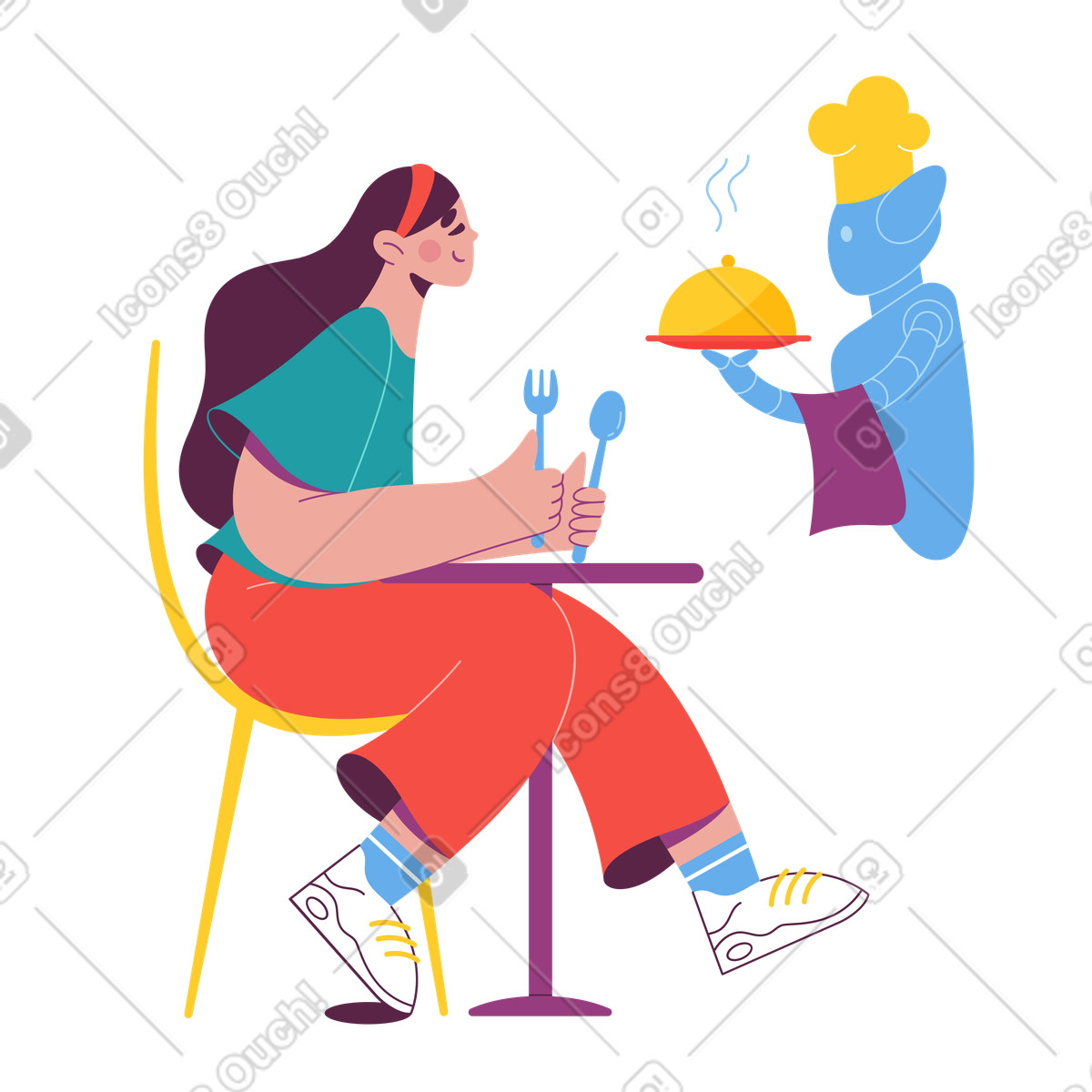 Illustration Un robot apporte de la nourriture à une fille affamée dans le style Sammy télécharger aux formats PNG, SVG