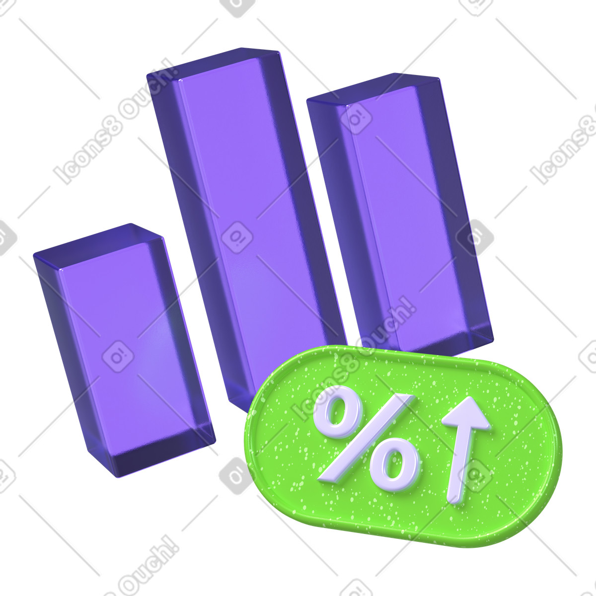 Illustration Analyse de la croissance financière, indicateurs performance commerciale, graphique à barres et signe en pourcentage dans le style 3D Boost télécharger aux formats PNG, SVG