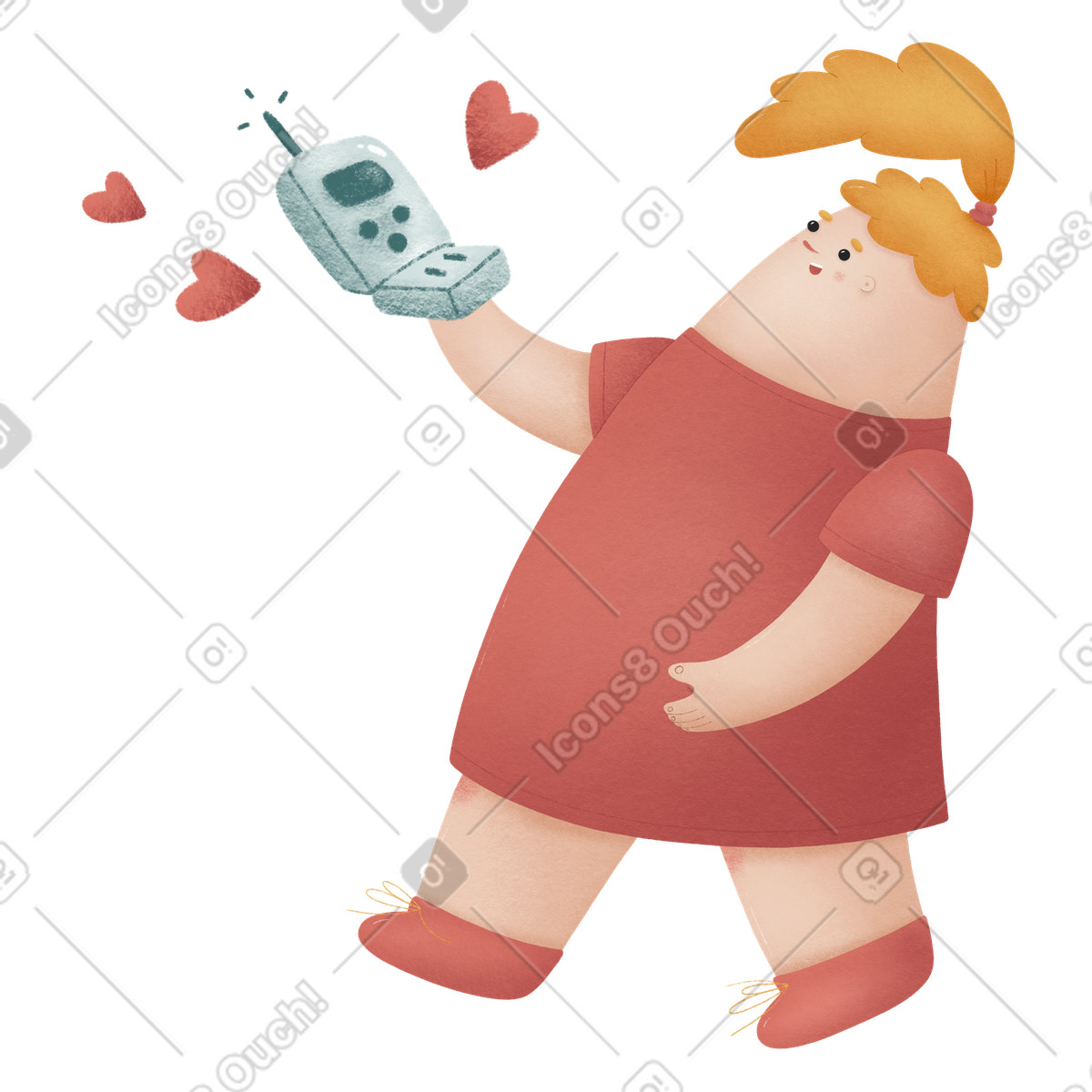 Mädchen geht mit telefon in der hand und empfängt liebesbotschaft-Illustration im Woolly-Stil als Download PNG, SVG