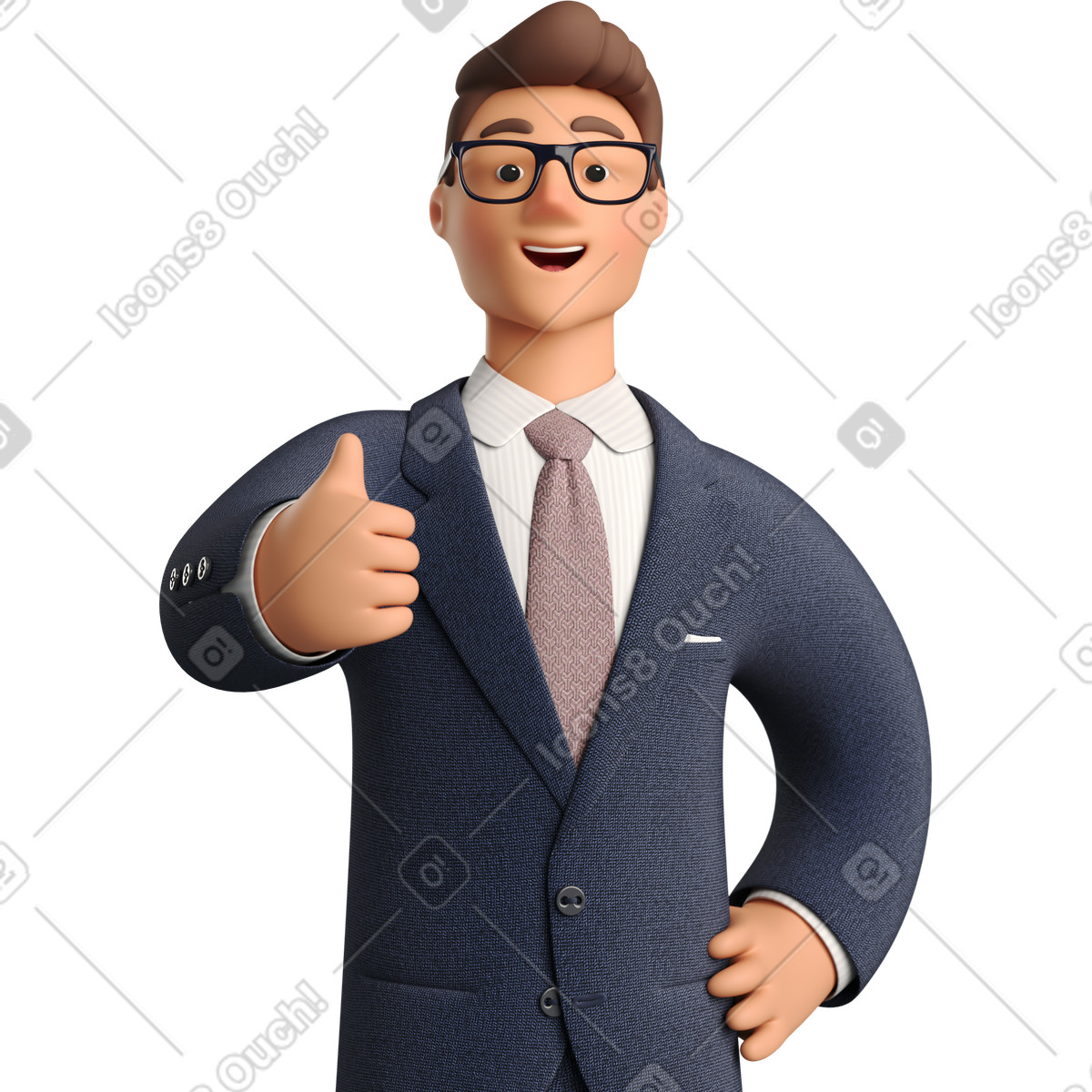 3D Business スタイルの Businessman in dark blue suit giving thumbs up のイラストをPNG、SVG形式でダウンロード