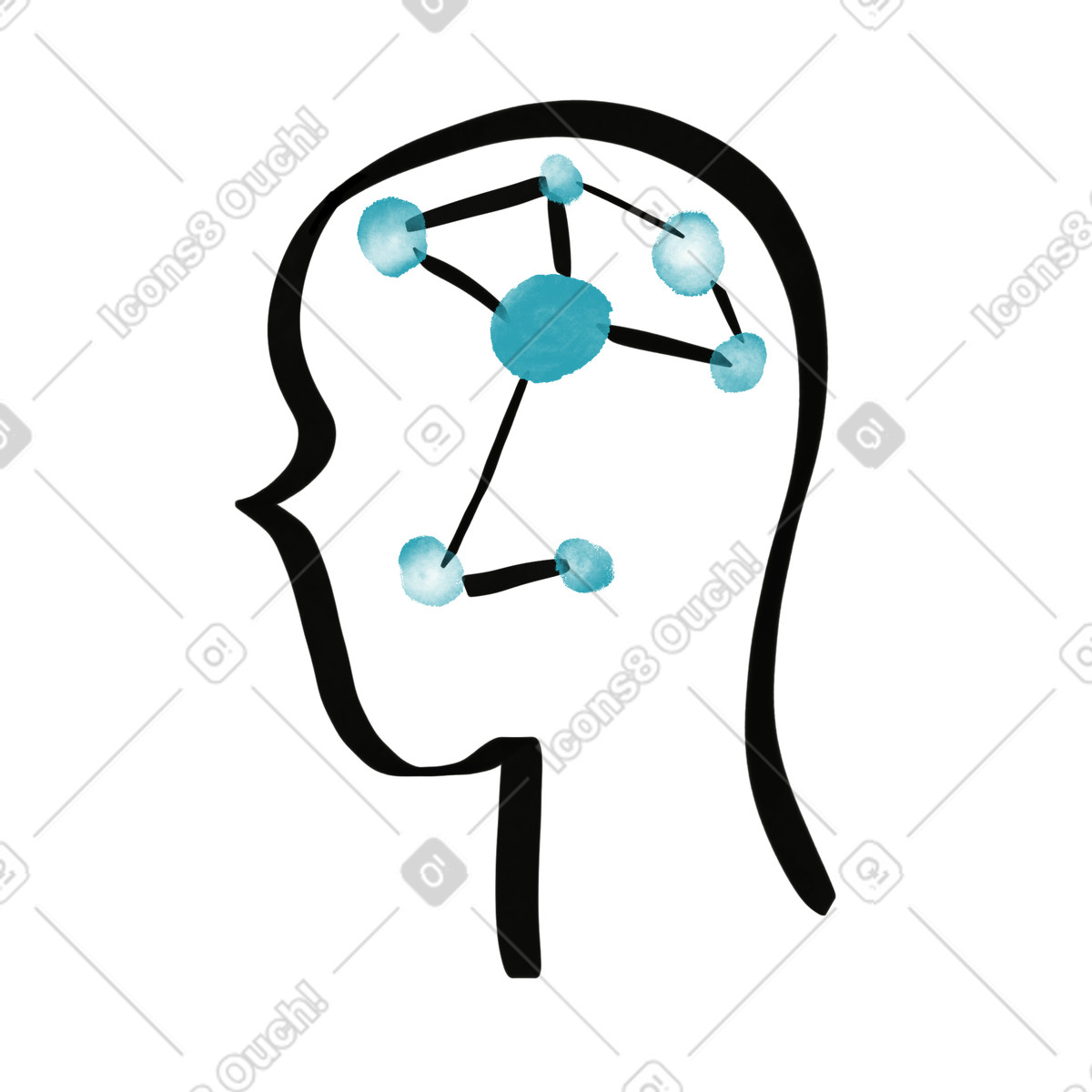 Head silhouette with neural network nodes representing artificial intelligence brain illustrazione in stile Watercolor sketch scarica in PNG, SVG
