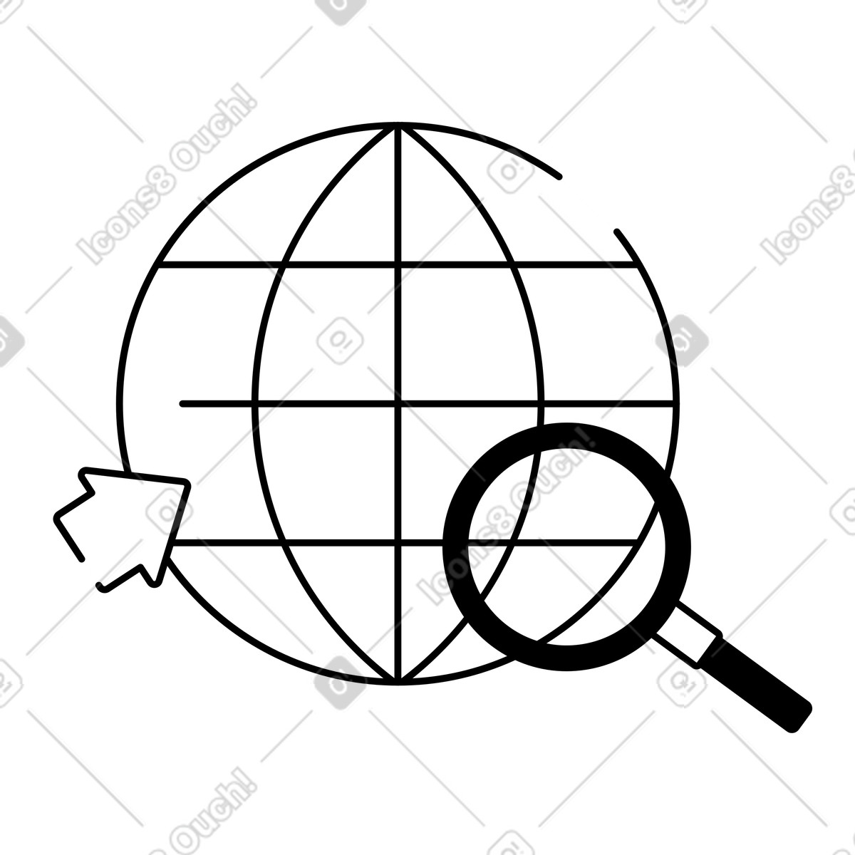下载 Notion Line Art 风格的 Web browser navigation globe with arrow cursor and search symbol 插画，支持 PNG、SVG 格式
