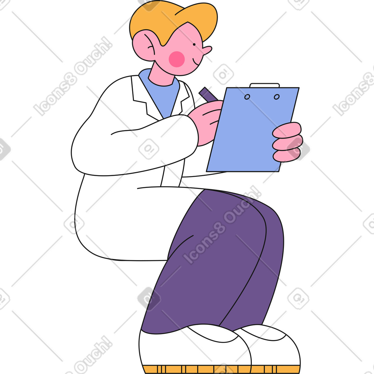 Ilustración El doctor se sienta y escribe algo en un portapapeles estilo Bloom a descargar PNG SVG