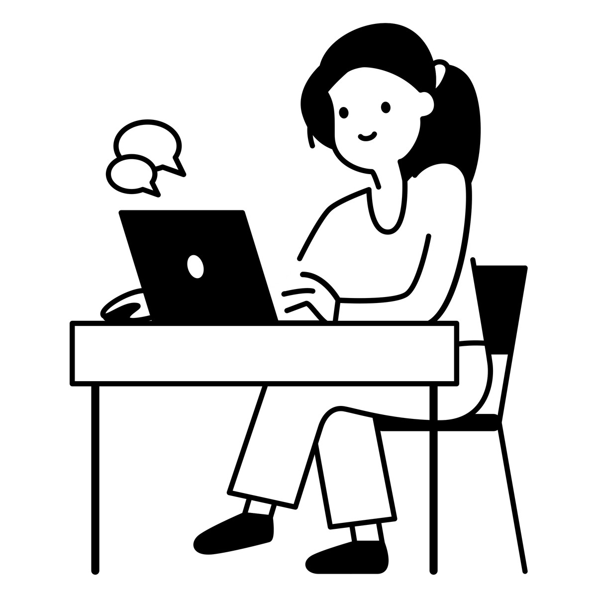 Иллюстрация Conversation bubbles floating beside seated character at desk в стиле Notion Line Art — скачать в форматах PNG, SVG