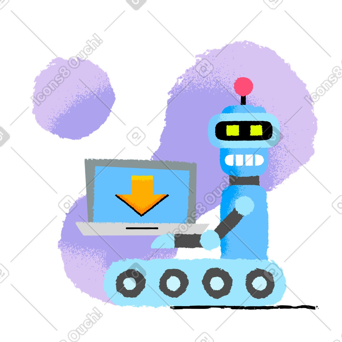 Robot downloading data on laptop illustration in PNG, SVG
