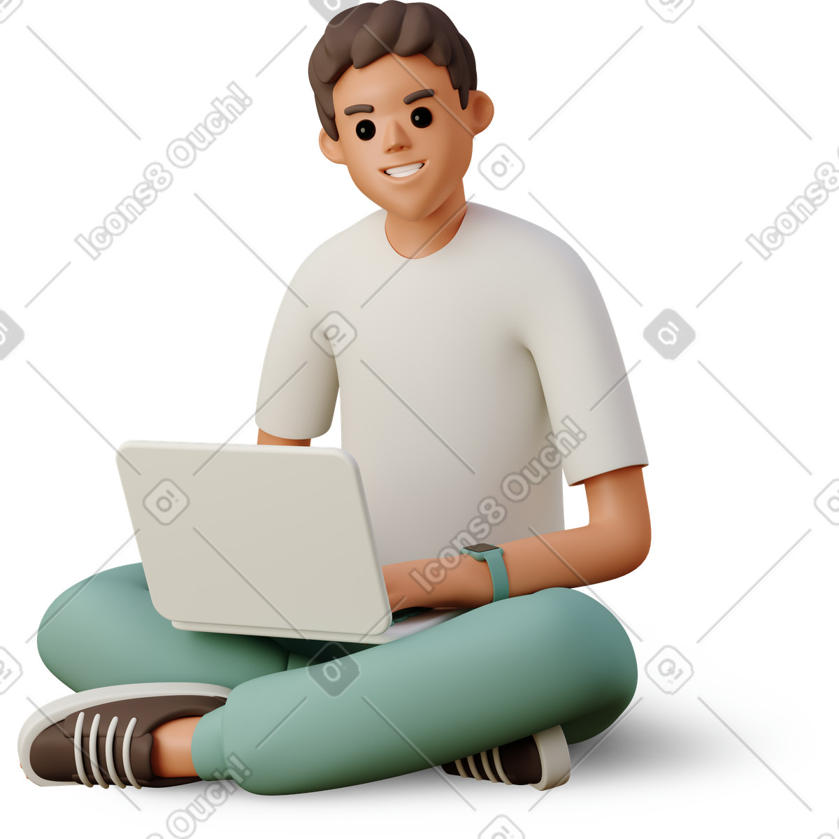 Boy with laptop sitting on floor-Illustration im 3D Casual life-Stil als Download in PNG, SVG