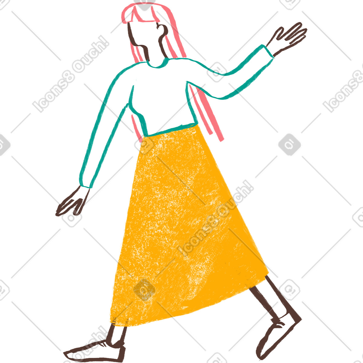 Illustration Femme aux cheveux longs marchant avec la main levée dans le style Company à télécharger formats PNG, SVG