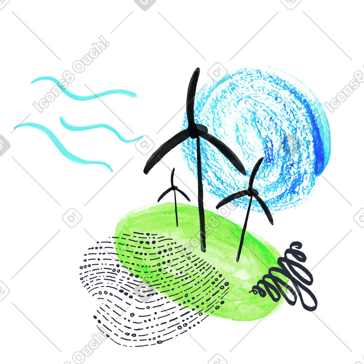 Mulini a vento, generatori di corrente in campo illustrazione stile Inky scarica PNG, SVG