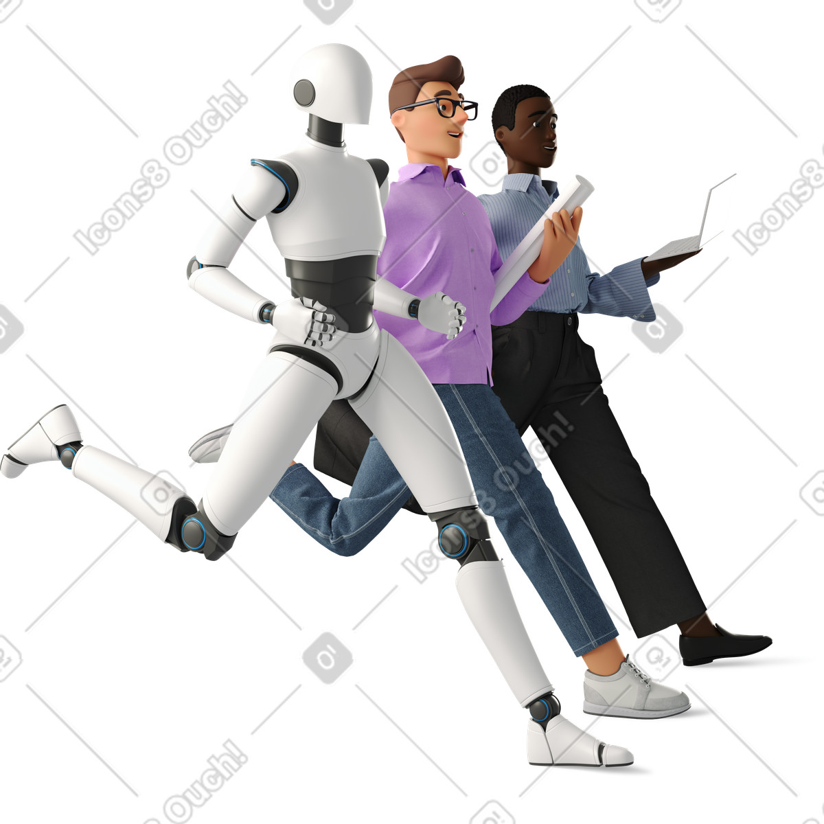 Ilustración Office team with humanoid robot running en estilo 3D Business a descargar en PNG y SVG