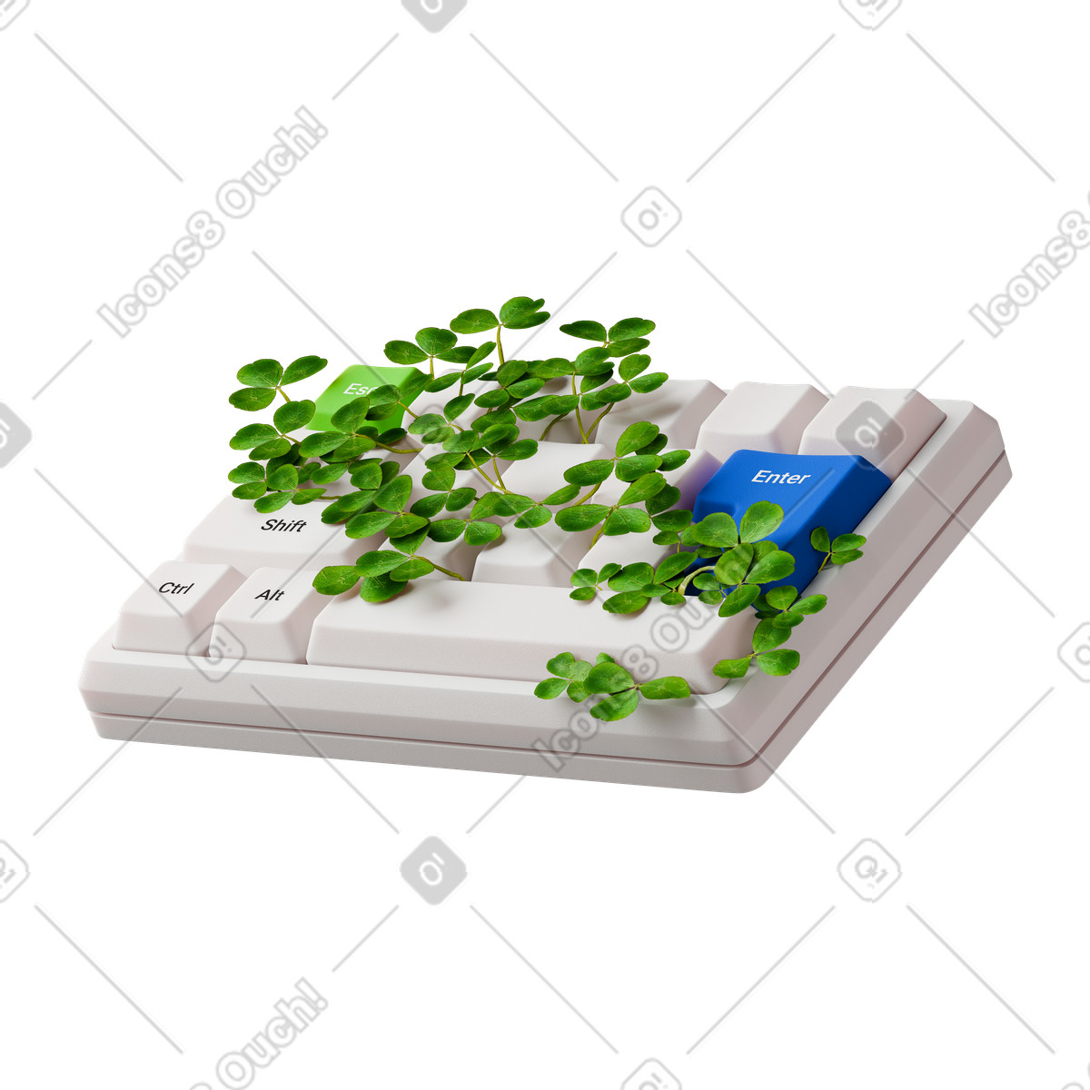 Keyboard with sprouted clover illustration in 3D Stickle style download in PNG, SVG