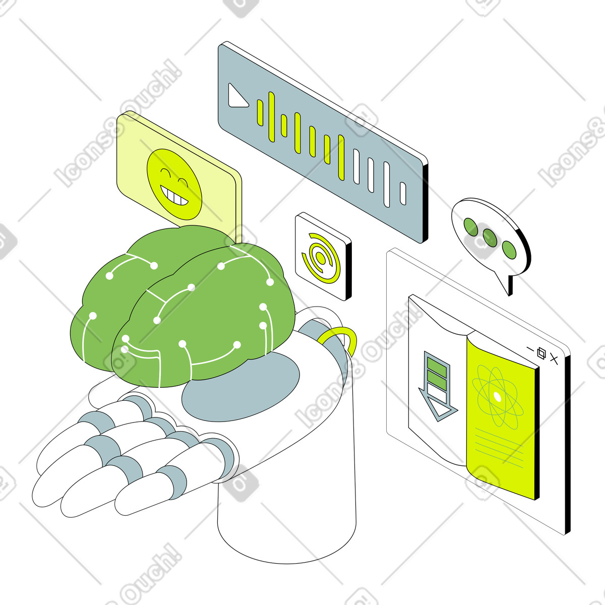 Artificial brain and robotic hand with UI elements, Machine learning and AI development animated illustration in GIF, Lottie (JSON), AE