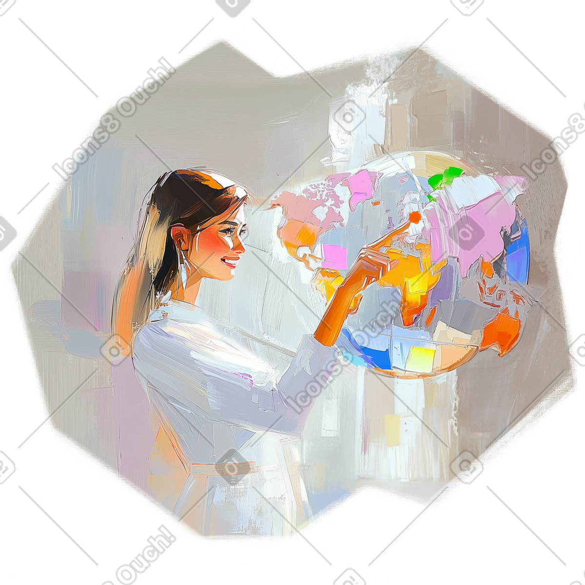 Ölgemälde einer frau, die eine reiseroute plant-Illustration im Pictorial-Stil als Download in PNG, SVG