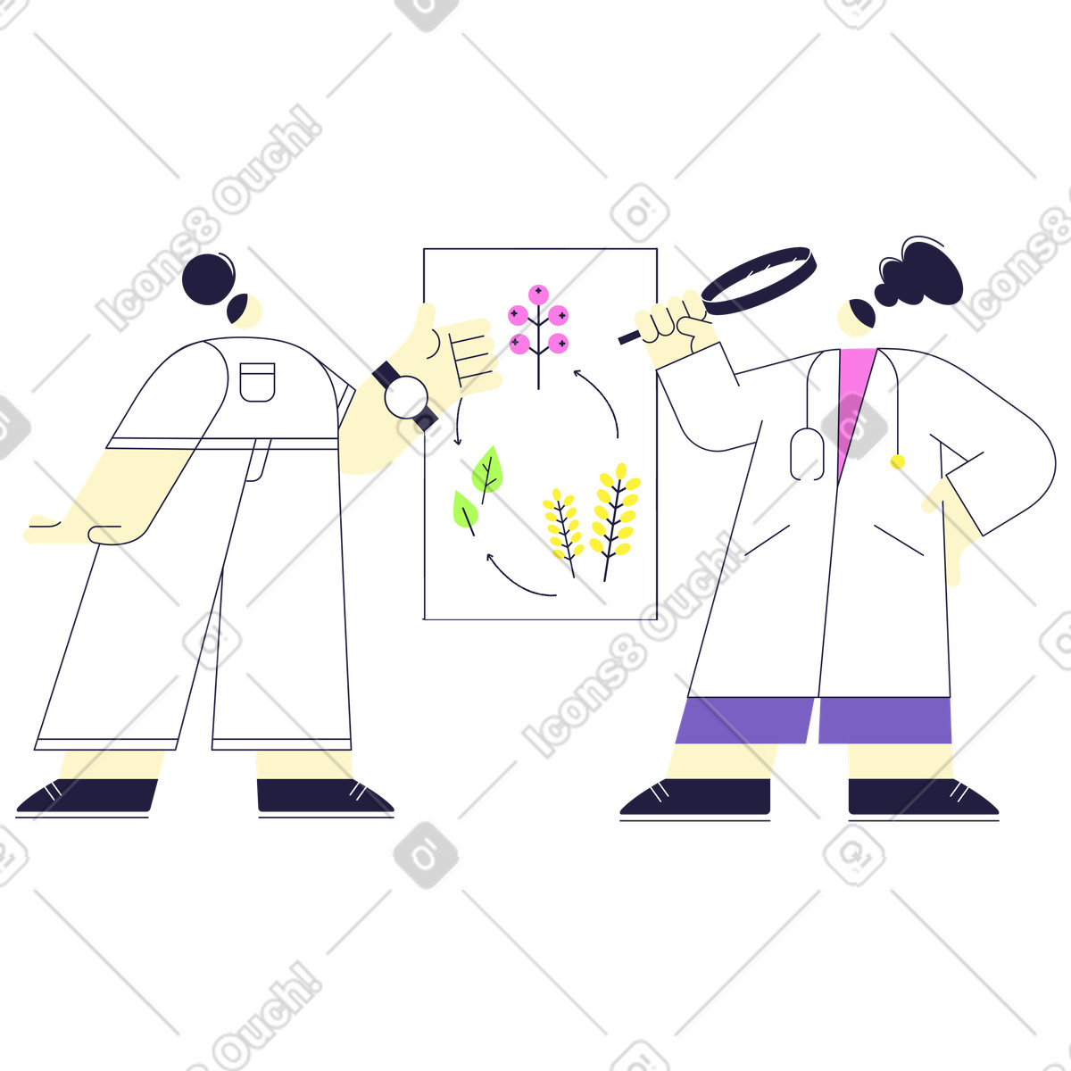 Biologists studying different types of plants illustration in Mellow style download in PNG, SVG