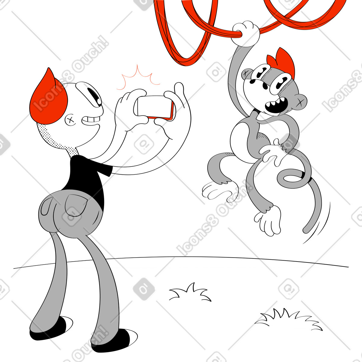 Man taking photo of a monkey in the zoo illustration Looney style download PNG, SVG