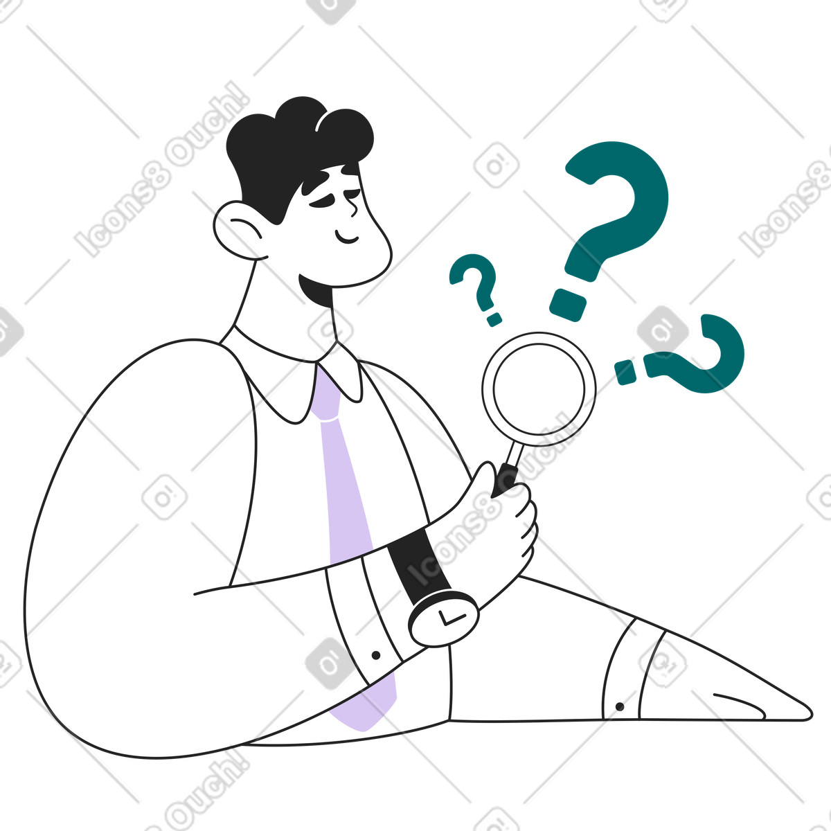 Sammy Line スタイルの Office worker examining questions, Finding solutions or troubleshooting のイラストをPNG、SVG形式でダウンロード