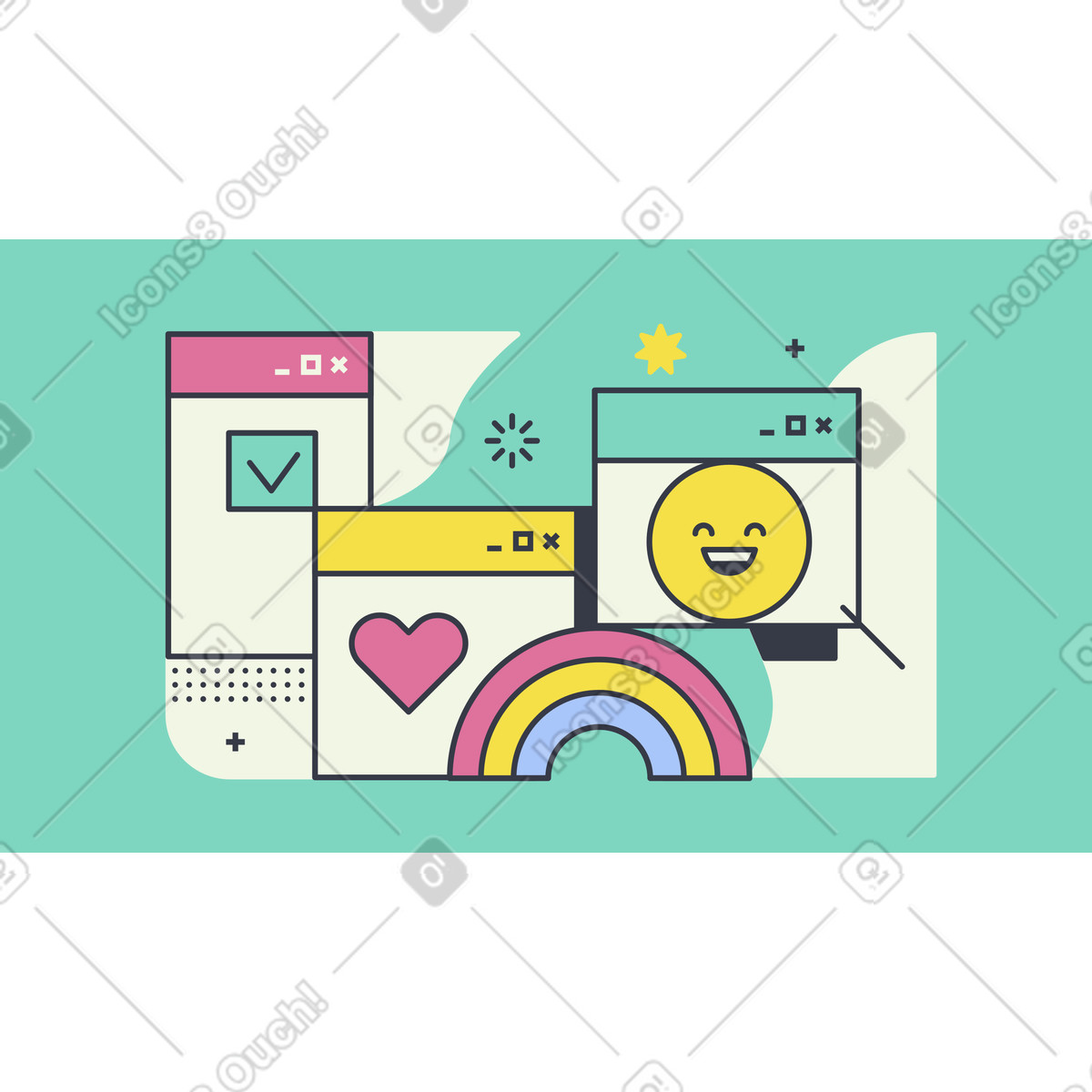 Browser windows with emoji animated illustration in Abstract style download in GIF, Lottie (JSON), AE