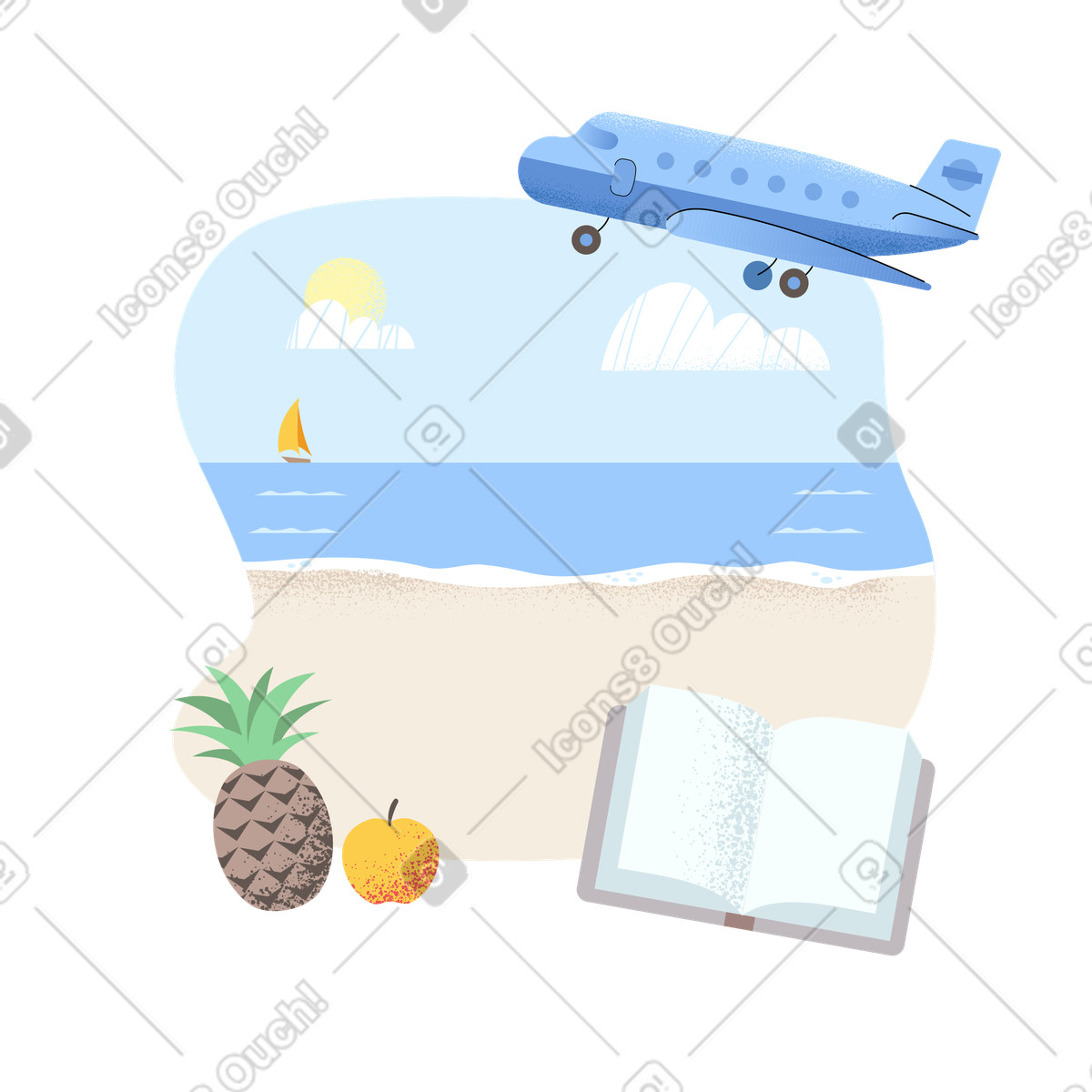 Illustration Des vacances à la plage en été enregistrées dans un journal le style Pale télécharger aux formats PNG, SVG