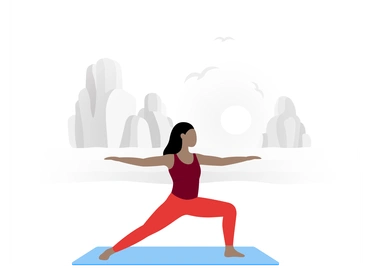 A woman practicing yoga in warrior pose - Fogg style illustration