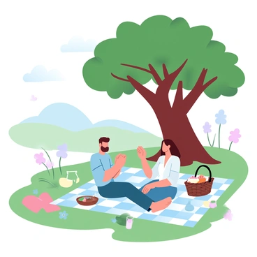 A man and a woman are sitting on a checkered picnic blanket spread out on the grass. They are surrounded by various picnic items, including a wicker basket filled with food and drinks. The large oak tree casts soft shadows around them, with its branches providing a natural canopy. In the background, there are rolling green hills and wildflowers blooming, adding color to the scene. A soft breeze rustles the leaves, creating a peaceful atmosphere.