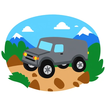 A rugged car transport vehicle with large, sturdy wheels is traversing a challenging off-road trail. The vehicle has a metallic gray exterior with visible scratches and mud splatters, indicating its use in tough conditions. Surrounding the vehicle, there are rocky terrains and patches of dense greenery, with dirt kicking up behind the tires as it moves. The sky above is bright blue with a few fluffy white clouds scattered throughout. In the distance, there are towering mountains, contributing to the rugged landscape.