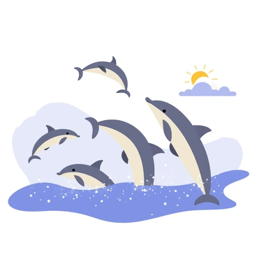 A pod of dolphins is jumping playfully in and out of the ocean. The water is bright blue with shimmering sparkles reflecting sunlight. Each dolphin has a sleek, gray body, and they arc gracefully above the surface, creating splashes as they dive back into the waves. Some dolphins are shown mid-jump, while others are surfacing, their playful expressions visible as they twist and turn. The background includes gentle ocean waves and a clear, sunny sky above.