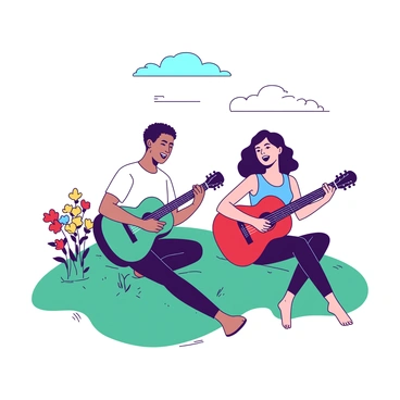 Two musicians are sitting on a green grass patch in a park, playing acoustic guitars and singing together. One musician has a teal guitar and is wearing a white shirt, while the other has a red guitar and is dressed in a blue tank top. A small group of colorful flowers grows nearby, adding vibrancy to the scene. Above them, the sky is clear with a few white clouds drifting lazily in the background.