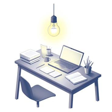 A lightbulb is suspended above a workspace, emanating a soft glow. The workspace includes a wooden desk covered with various items such as notebooks, pens, and a laptop. There are stacks of paper and a coffee cup beside the laptop. A comfortable chair is positioned at the desk, with a potted plant nearby adding a touch of greenery. The lightbulb casts shadows on the items below, enhancing the sense of illumination and focus in the scene. The overall composition conveys a sense of creativity and productivity.