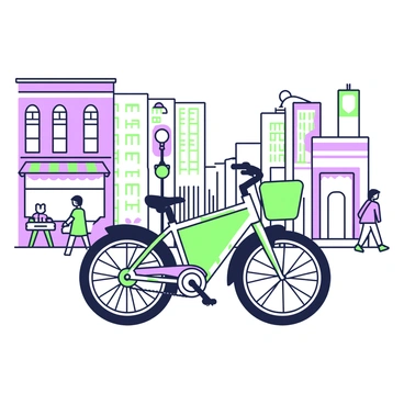 A folding bicycle is prominently displayed in the foreground, showcasing its intricate mechanism. The bicycle features a compact frame, with the folding joints clearly visible. In the background, a busy urban street scene unfolds, with tall buildings and pedestrians walking. A small coffee shop with outdoor seating is to the left, and a streetlamp is positioned near the bicycle. The overall scene conveys a sense of city life, emphasizing the practicality and convenience of the folding bicycle in a compact urban environment.