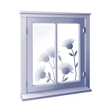 A window with decorative cornflower decals applied to its glass surface. The sunlight pours through the window, illuminating the decals and creating intricate shadows on the surrounding wall. The shadows mimic the delicate shapes of the flowers, forming a pattern that contrasts with the plain background. The scene captures the interaction between light and design, enhancing the floral motif.