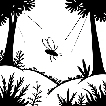A detailed illustration of a "Drosophila" flying in a sunlit forest clearing. The "Drosophila" is depicted with its wings extended and positioned mid-flight, surrounded by delicate ferns and tall grasses. Sunbeams filter through the canopy above, casting patterns of light and shadow on the forest floor. Soft outlines of distant trees provide a sense of depth in the background, enhancing the clarity of the scene.