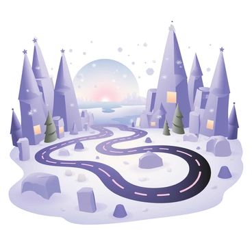 A digital flat illustration depicting a "roadmap" through a "mystical ice kingdom." The roadmap is prominently featured in the foreground, winding through a landscape filled with "glistening snow" and "ice sculptures." The ice sculptures are intricately designed, resembling various mythical creatures and enchanting castles. Surrounding the roadmap, tall ice formations rise majestically, reflecting light with a sparkling effect. Snowflakes gently fall from a clear blue sky above. In the distance, a soft glow emanates from a frozen lake that adds an ethereal quality to the scene.