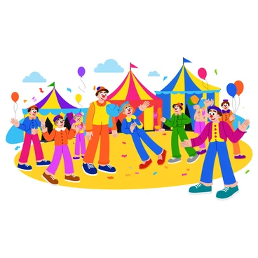 A vibrant circus scene filled with children laughing and playing in excitement. Several clowns are interacting with the children, each clown wearing bright, colorful costumes with oversized shoes and big red noses. Balloons in a variety of colors float in the air, held by the children. Colorful tents are visible in the background, adorned with stripes and patterns. The ground is covered in a mix of sawdust and bright confetti, adding to the festive atmosphere. Some children are juggling balls, while others are watching a clown perform tricks with colorful scarves.