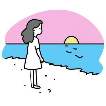 A girl with long, wavy hair, wearing a simple white dress, is standing on a sandy beach. She is gazing out towards the horizon where the sun is setting, casting a warm orange and pink glow across the sky and reflecting on the calm ocean waters. The beach is mostly empty, with soft waves gently lapping at the shore. Silhouetted against the vibrant sky, her figure is poised, embodying a moment of tranquility as the day comes to an end.