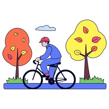 A cyclist wearing a red helmet and a blue cycling outfit is riding a sleek black bicycle. The cyclist is moving along a path in a park surrounded by trees with vibrant orange, yellow, and red autumn leaves. Leaves are gently falling from the trees, creating a colorful carpet on the ground. In the background, there are grassy patches and a clear blue sky.