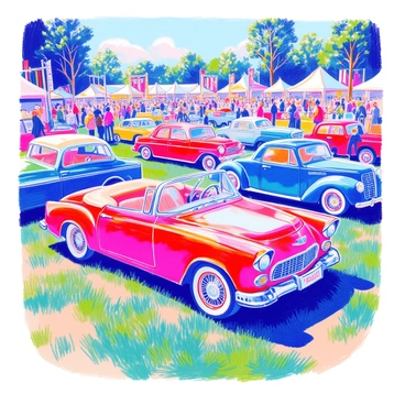 A classic car show features a variety of vintage cars, including a red convertible, a blue coupe, and a green sedan. Each car is polished and gleaming under the bright sunlight. The cars are arranged in rows on a grassy field, surrounded by spectators admiring the vehicles. The reflections of the cars are curved and distorted, creating an intriguing effect. In the background, there are colorful banners and tents displaying automotive memorabilia. The scene captures the excitement and nostalgia of classic automobiles.