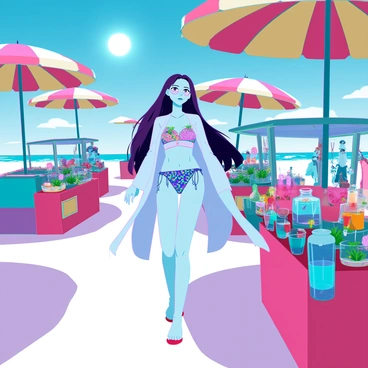 A young anime girl with long, flowing hair and large expressive eyes is walking through a vibrant beachside market. She is wearing a colorful, patterned swimsuit and a light, airy cover-up that flutters in the breeze. Brightly colored beach umbrellas provide shade over the stalls, which are filled with an array of tropical fruits, handcrafted souvenirs, and refreshing beverages. The sun is shining brightly, creating a warm atmosphere as she curiously looks at the various items for sale. In the background, there are other beachgoers enjoying the sunny day, and the sound of waves can be faintly heard.