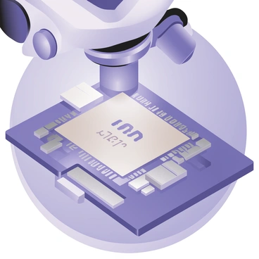 A digital flat illustration featuring a close-up view of an "IBM quantum computing chip" under a microscope. The chip is detailed with intricate patterns and connections visible on its surface. The illumination highlights the various segments of the chip, which are in shades of silver and blue. Surrounding the chip, the microscope's lens and metallic components are visible, creating a sense of depth and focus. The background is a subtle gradient that enhances the visibility of the illuminated chip. The scene captures the technological complexity of quantum computing.