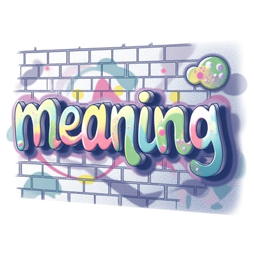 A brick wall covered in intricate graffiti art. Various colorful designs and shapes intertwine throughout the composition. The word "meaning" is prominently featured, artistically integrated into the surrounding artwork. The letters are embellished with vibrant patterns and textures, blending seamlessly with the adjacent graffiti elements. The overall scene showcases a dynamic urban environment filled with energy and creativity.