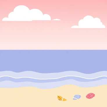 A calm seascape featuring gentle waves lapping at a sandy shore. The water has a soft blue hue reflecting the sky. Above, the sky is filled with blush tones of pink and light orange, creating a gradient effect. Fluffy white clouds are scattered across the sky, adding texture to the scene. Some seashells are scattered along the beach, enhancing the coastal feel.